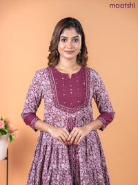 Cotton anarkali kurti maroon and off white with allover kalamkari prints & sequin work neck pattern without pant