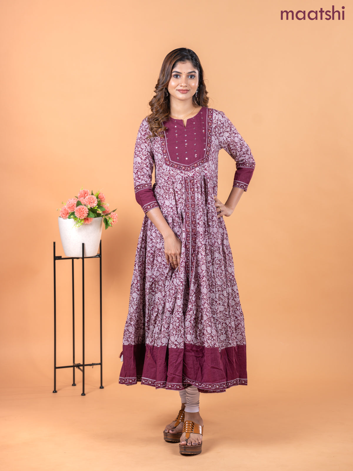 Cotton anarkali kurti maroon and off white with allover kalamkari prints & sequin work neck pattern without pant