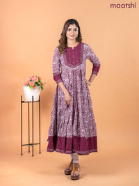 Cotton anarkali kurti maroon and off white with allover kalamkari prints & sequin work neck pattern without pant