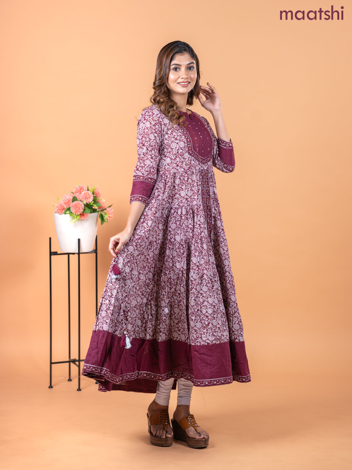 Cotton anarkali kurti maroon and off white with allover kalamkari prints & sequin work neck pattern without pant