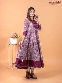 Cotton anarkali kurti maroon and off white with allover kalamkari prints & sequin work neck pattern without pant