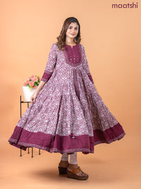 Cotton anarkali kurti maroon and off white with allover kalamkari prints & sequin work neck pattern without pant