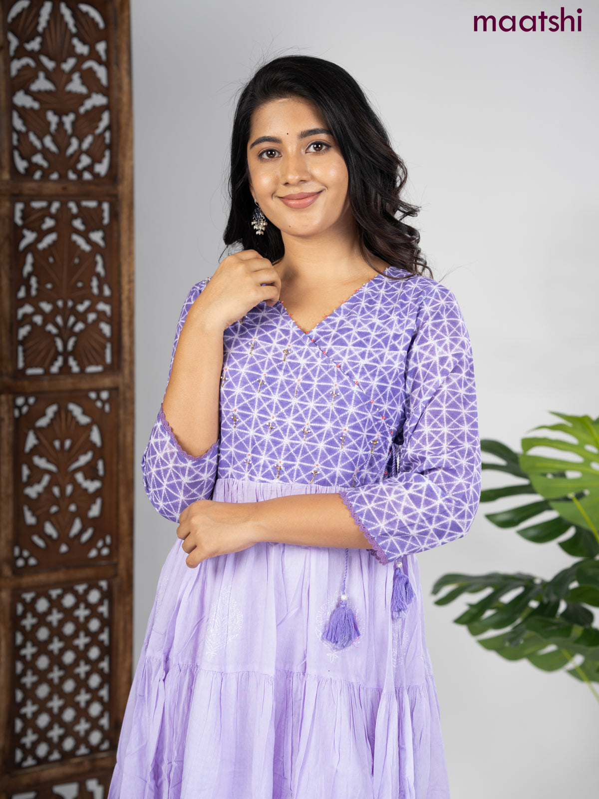 Cotton anarkali kurti lavender with prints & sequin beaded work v neck pattern without pant