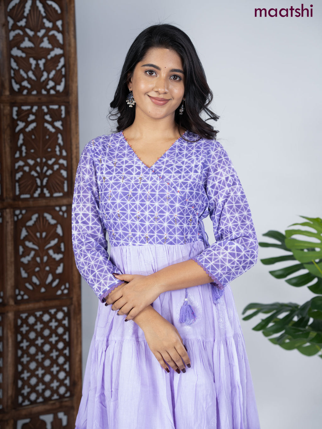 Cotton anarkali kurti lavender with prints & sequin beaded work v neck pattern without pant