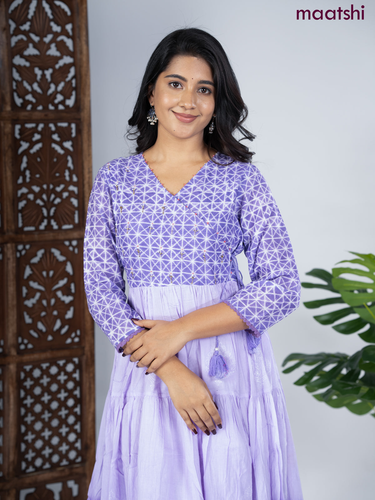 Cotton anarkali kurti lavender with prints & sequin beaded work v neck pattern without pant