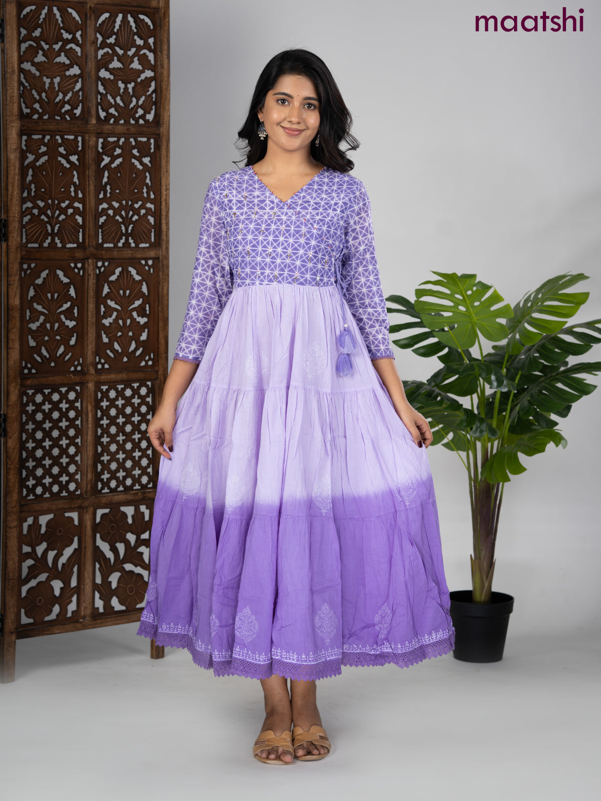 Cotton anarkali kurti lavender with prints & sequin beaded work v neck pattern without pant