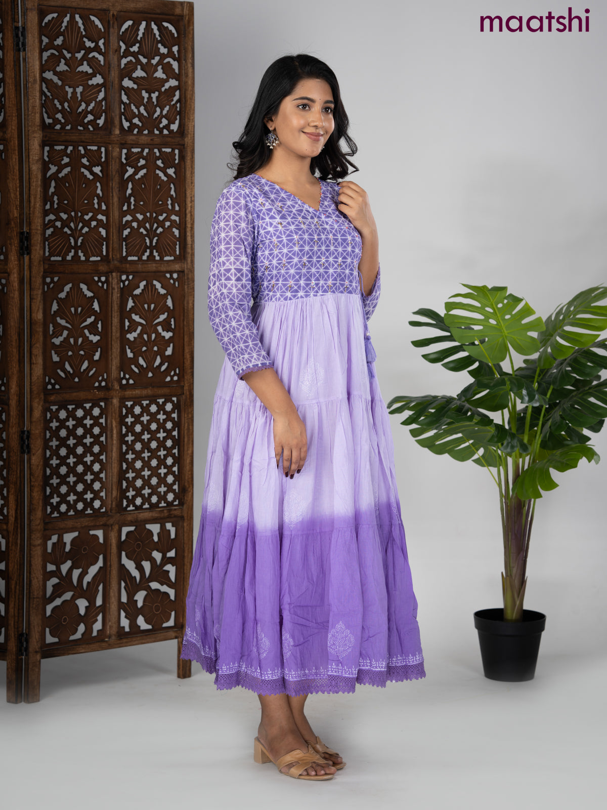 Cotton anarkali kurti lavender with prints & sequin beaded work v neck pattern without pant