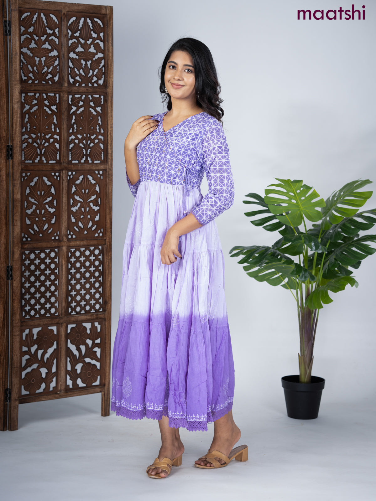 Cotton anarkali kurti lavender with prints & sequin beaded work v neck pattern without pant