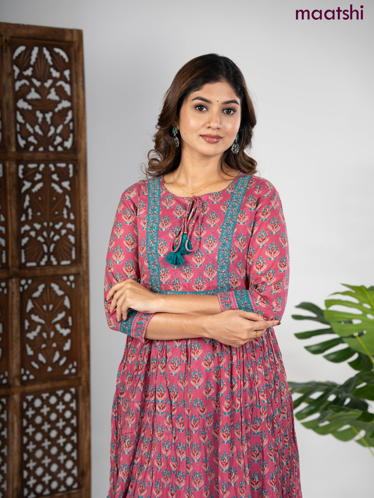 Cotton anarkali kurti mauve pink and teal green with allover butta prints & sequin beaded neck pattern without pant