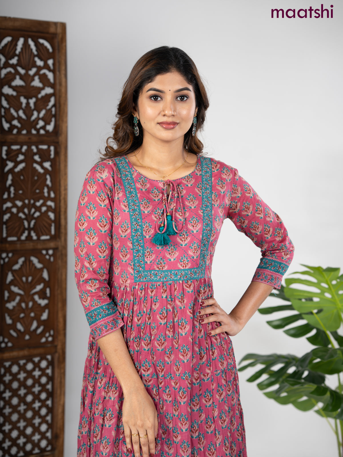 Cotton anarkali kurti mauve pink and teal green with allover butta prints & sequin beaded neck pattern without pant