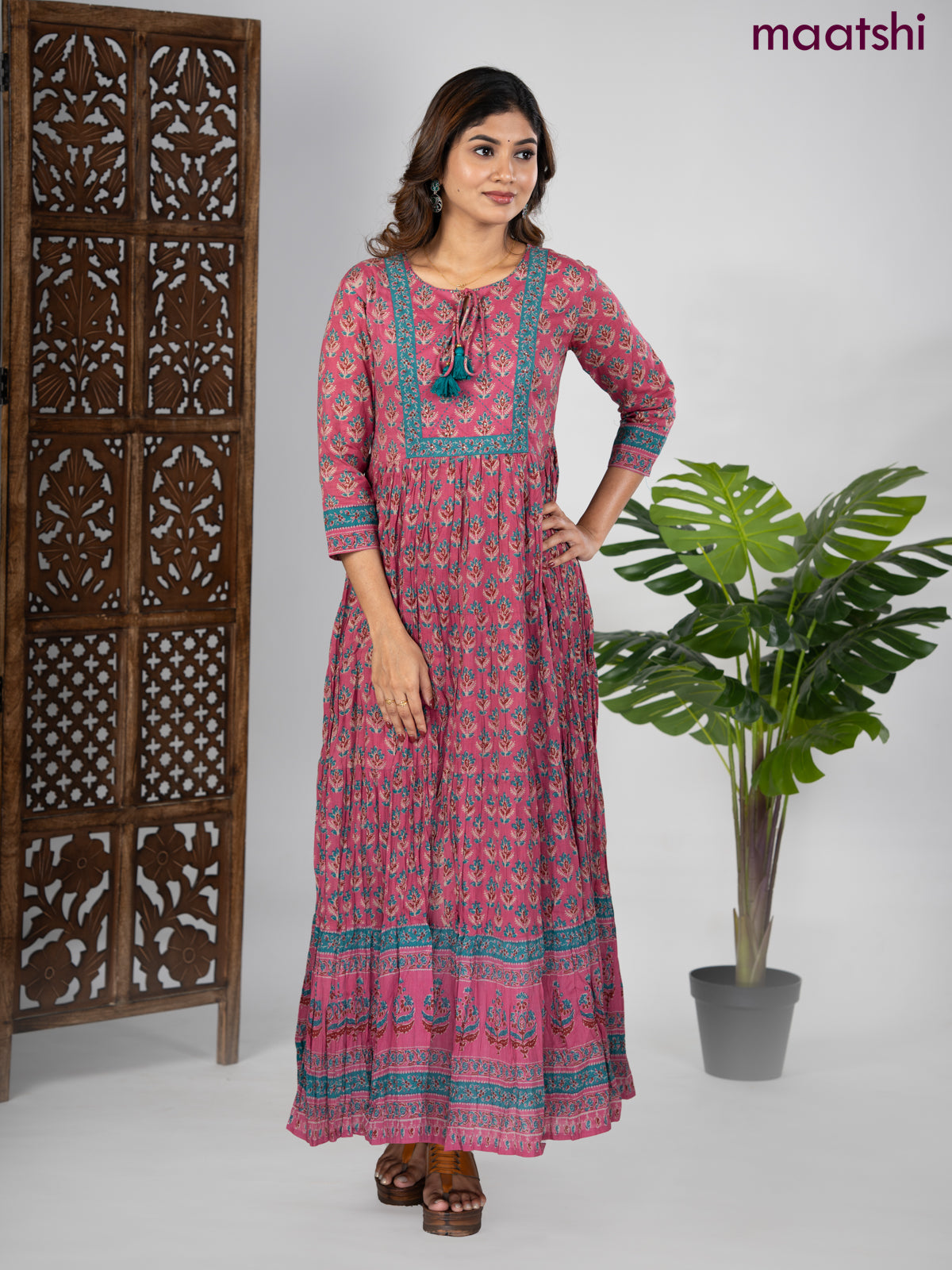Cotton anarkali kurti mauve pink and teal green with allover butta prints & sequin beaded neck pattern without pant