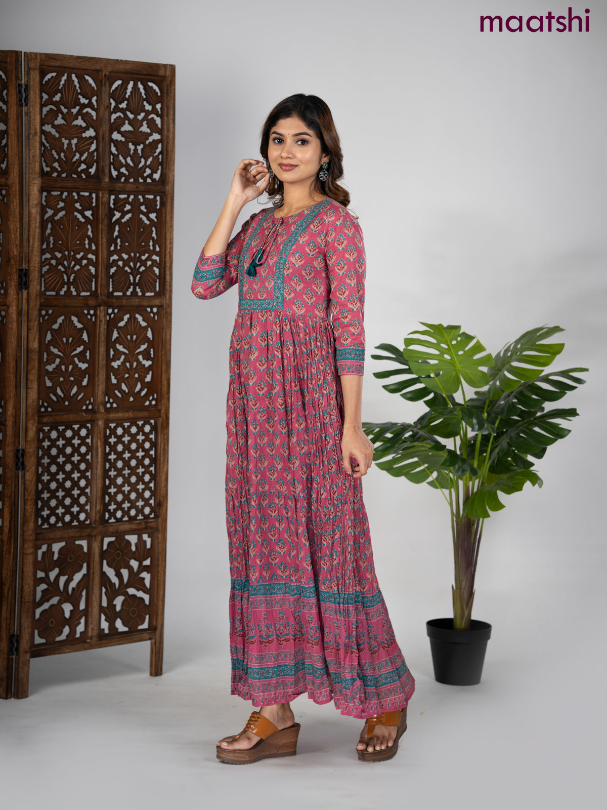 Cotton anarkali kurti mauve pink and teal green with allover butta prints & sequin beaded neck pattern without pant