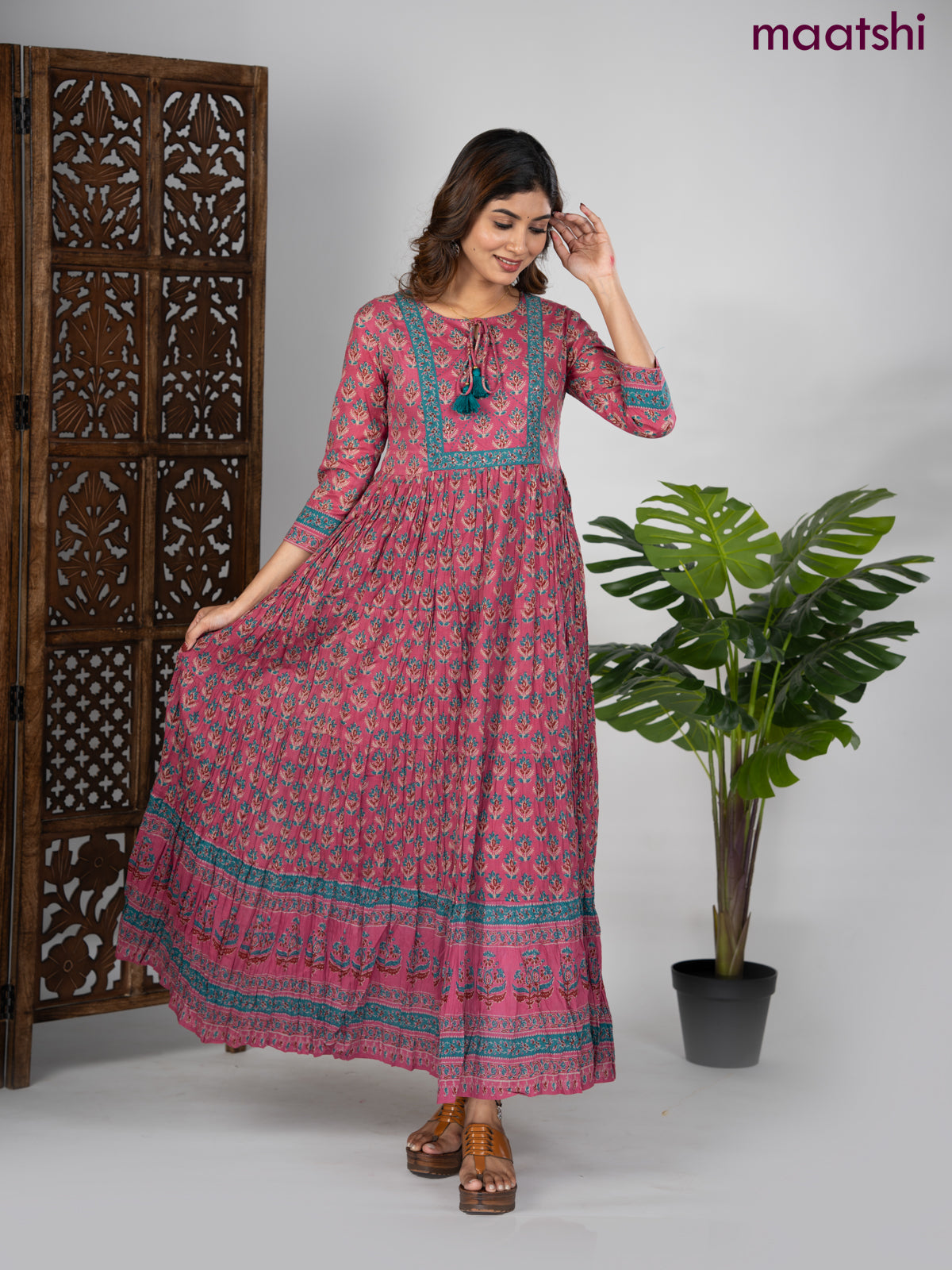 Cotton anarkali kurti mauve pink and teal green with allover butta prints & sequin beaded neck pattern without pant