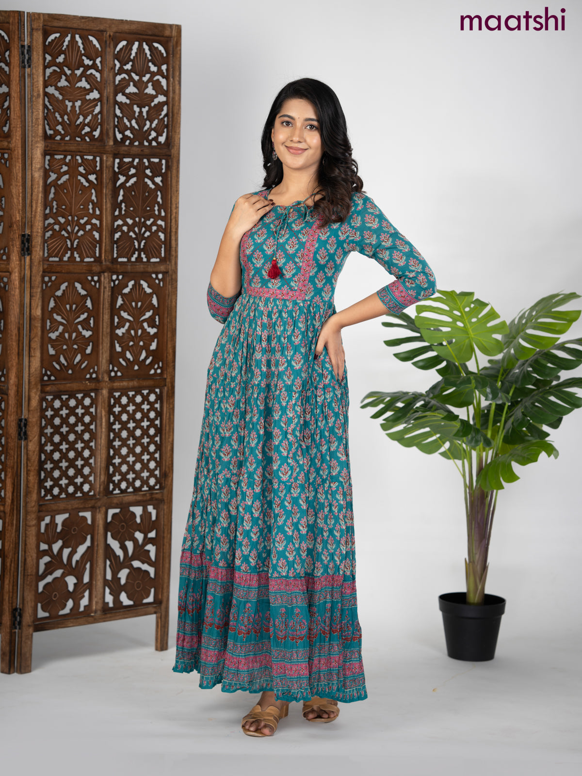 Cotton anarkali kurti teal green and mauve pink with allover butta prints & sequin beaded neck pattern without pant