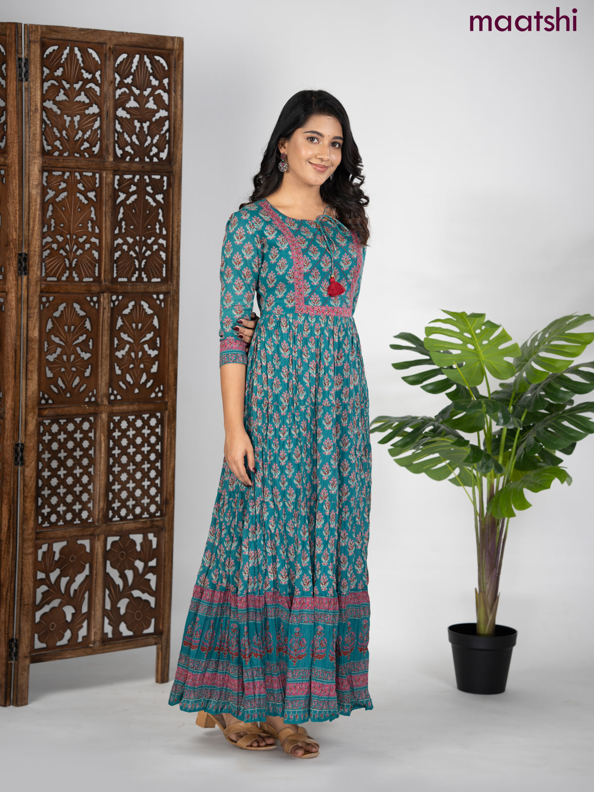 Cotton anarkali kurti teal green and mauve pink with allover butta prints & sequin beaded neck pattern without pant