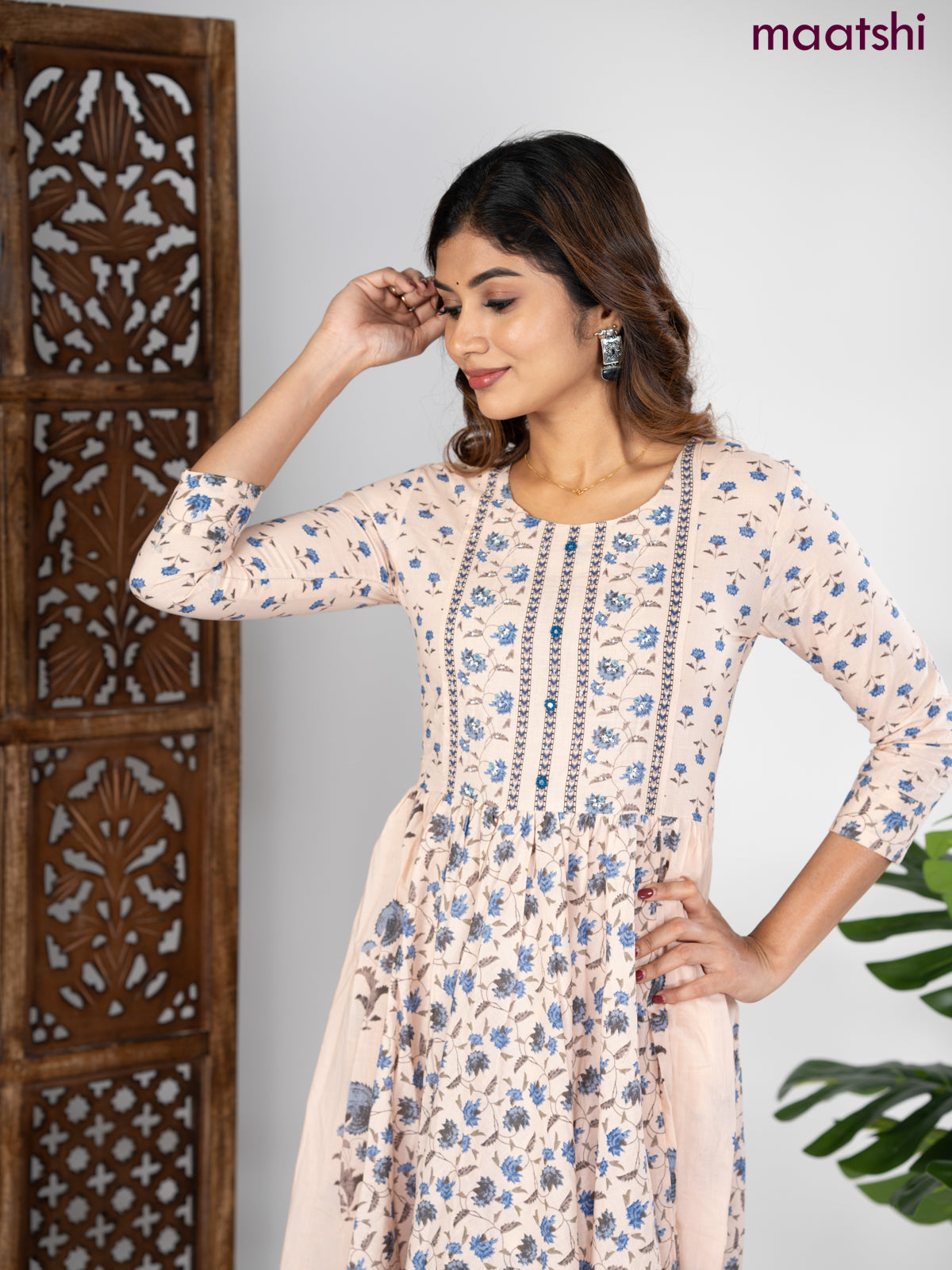 Cotton anarkali kurti mild peach shade and blue shade with allover prints & sequin beaded neck pattern without pant