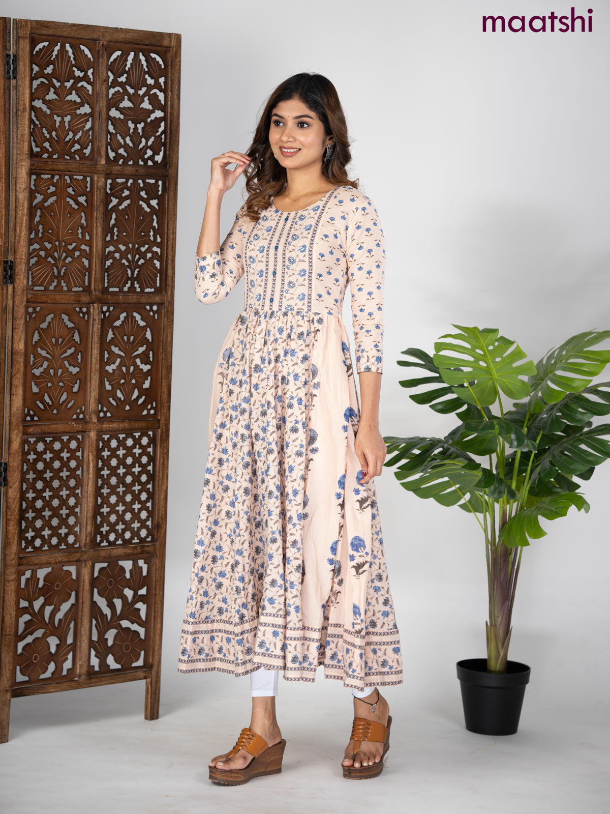 Cotton anarkali kurti mild peach shade and blue shade with allover prints & sequin beaded neck pattern without pant