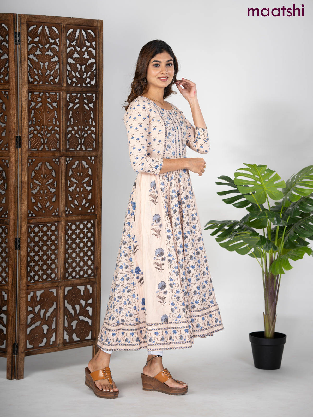 Cotton anarkali kurti mild peach shade and blue shade with allover prints & sequin beaded neck pattern without pant