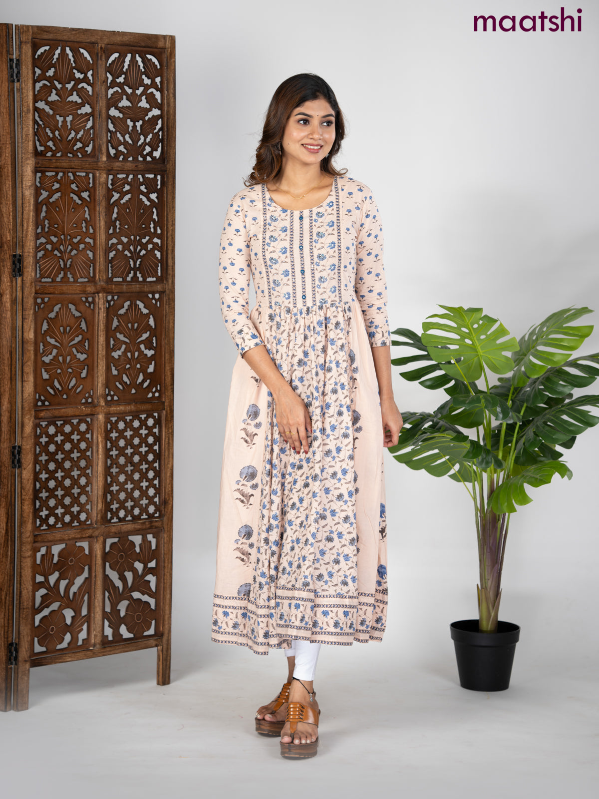 Cotton anarkali kurti mild peach shade and blue shade with allover prints & sequin beaded neck pattern without pant