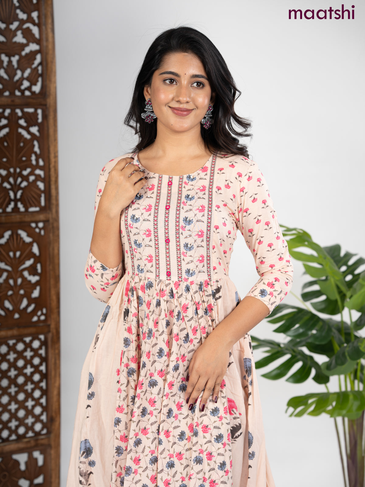 Cotton anarkali kurti mild peach shade and pink shade with allover prints & sequin beaded neck pattern without pant
