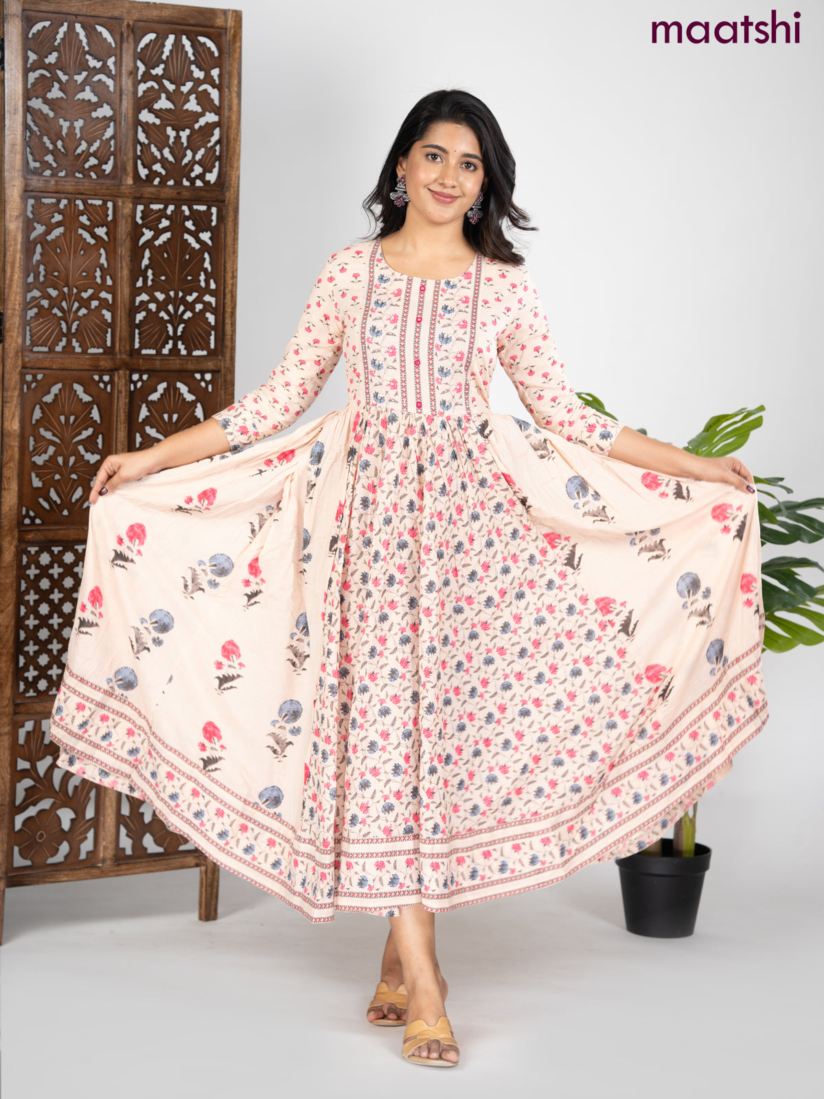 Cotton anarkali kurti mild peach shade and pink shade with allover prints & sequin beaded neck pattern without pant