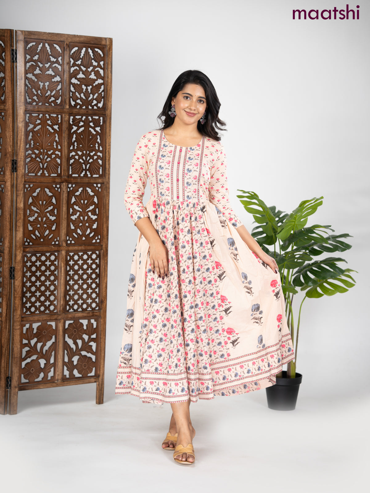 Cotton anarkali kurti mild peach shade and pink shade with allover prints & sequin beaded neck pattern without pant