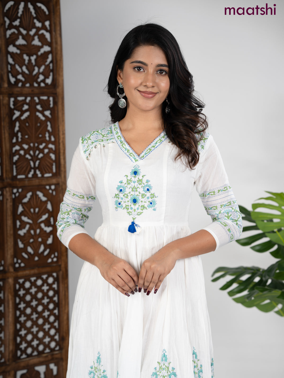 Cotton anarkali kurti off white with prints & embroidery beaded v neck pattern without pant