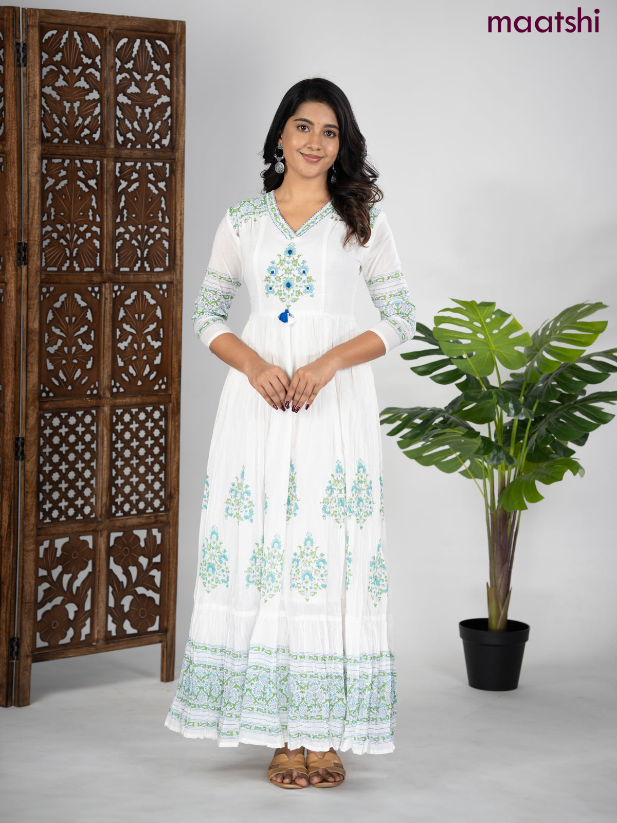 Cotton anarkali kurti off white with prints & embroidery beaded v neck pattern without pant