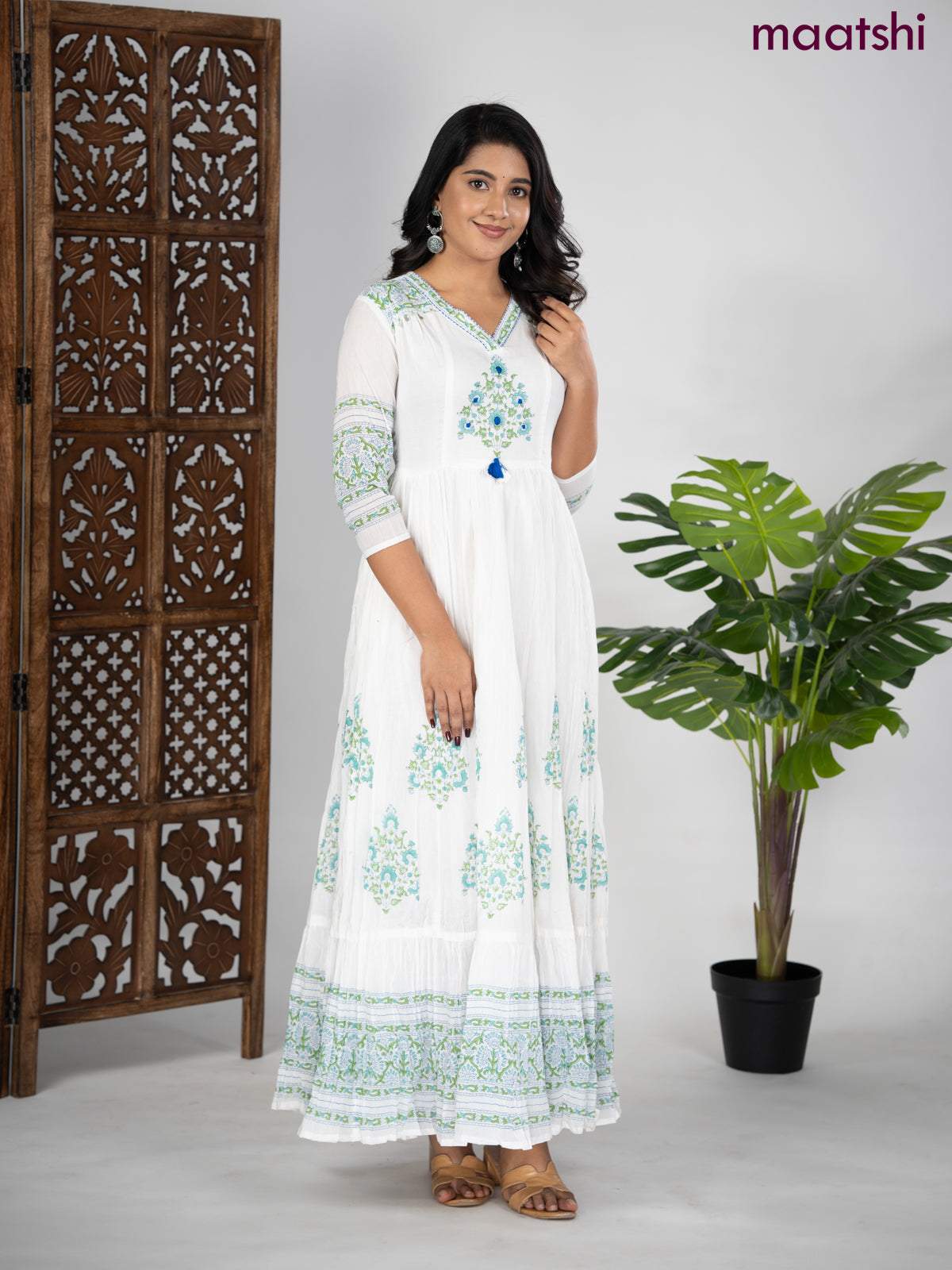 Cotton anarkali kurti off white with prints & embroidery beaded v neck pattern without pant
