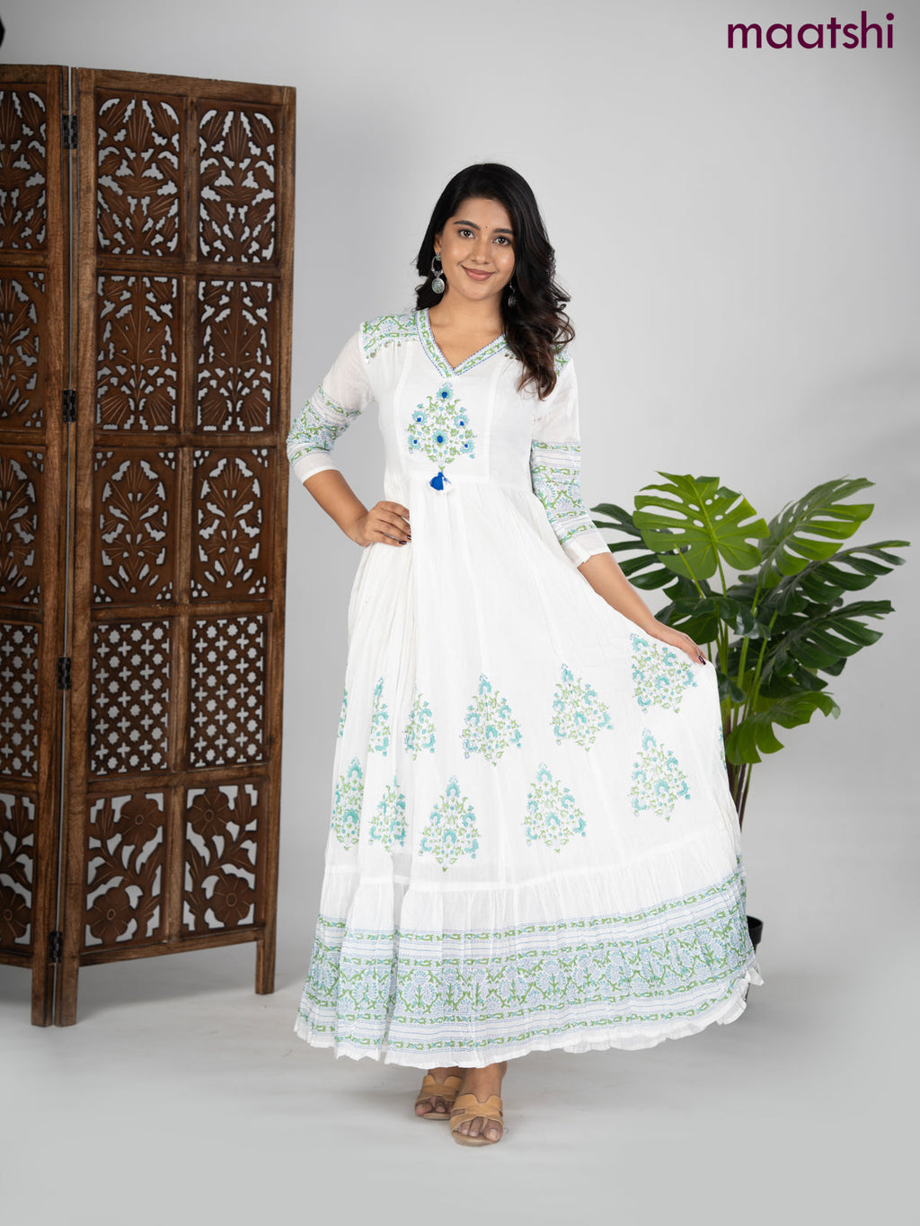 Cotton anarkali kurti off white with prints & embroidery beaded v neck pattern without pant