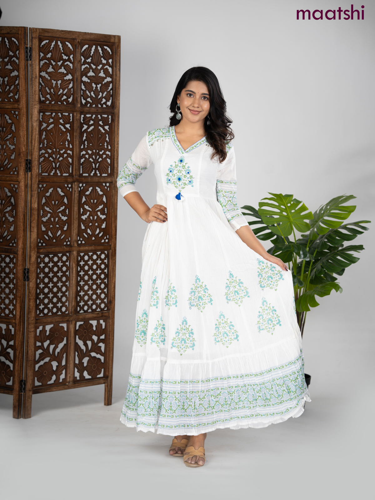 Cotton anarkali kurti off white with prints & embroidery beaded v neck pattern without pant