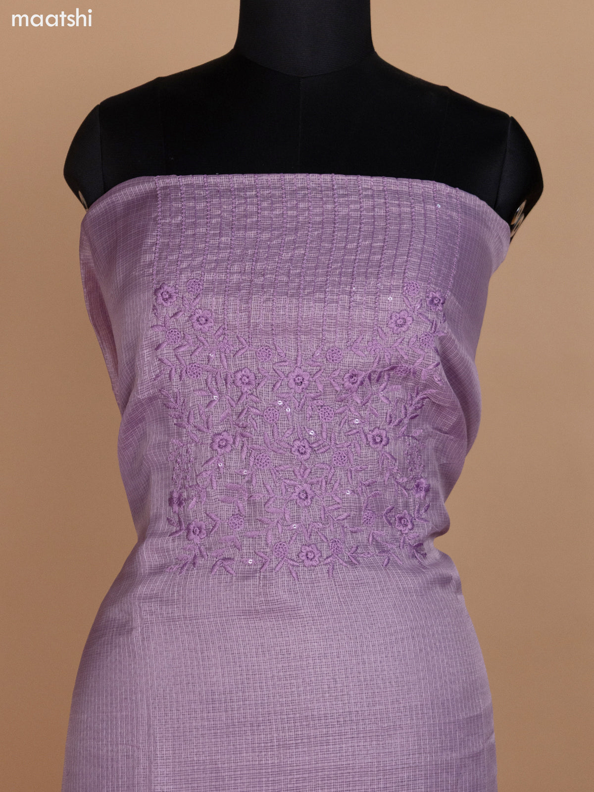 Pastel Lavender Kota Dress Material With Embroidery Work and Bottom & Dupatta