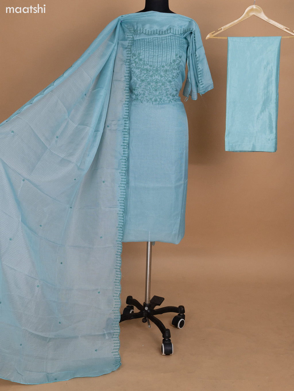 Teal Blue Kota Dress Material With Embroidery Work and Bottom & Dupatta