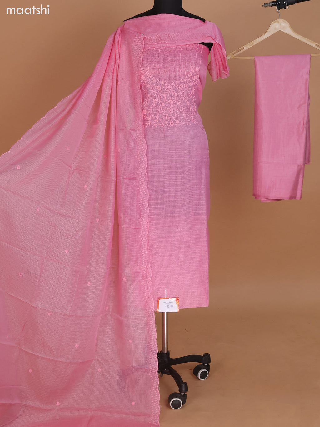 Peach Pink Kota Dress Material With Embroidery Work and Bottom & Dupatta