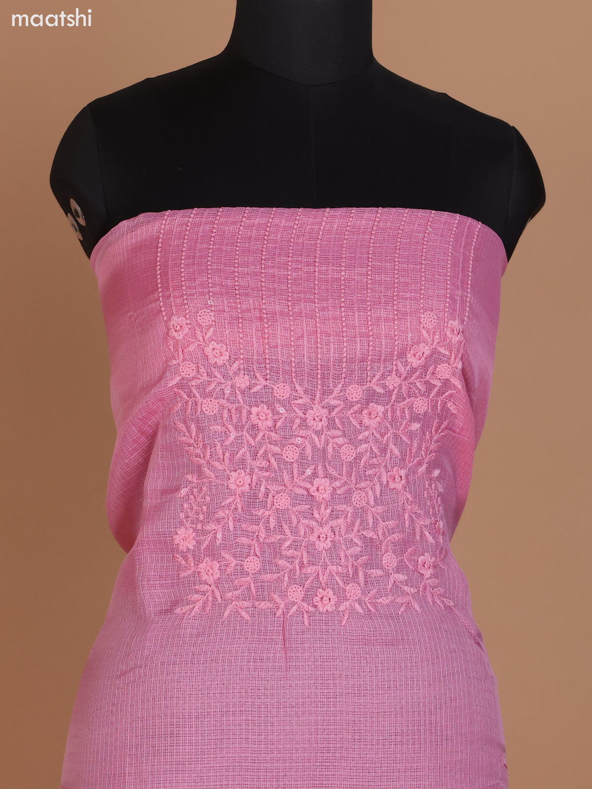 Peach Pink Kota Dress Material With Embroidery Work and Bottom & Dupatta