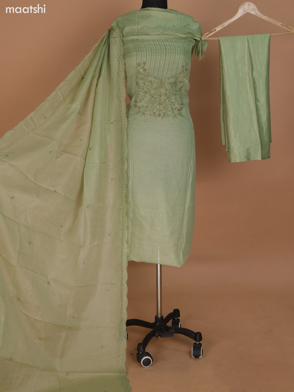 Pastel Green Kota Dress Material With Embroidery Work and Bottom & Dupatta