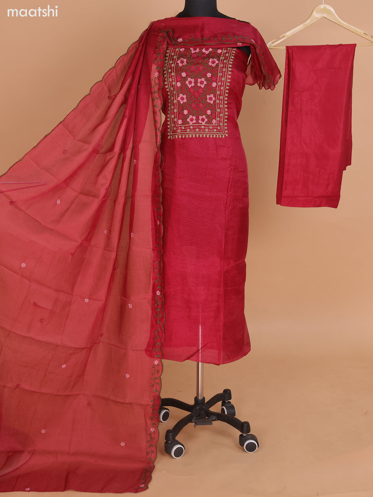 Maroon Kota Dress Material With Floral Embroidery Work Neck Pattern and Bottom & Dupatta