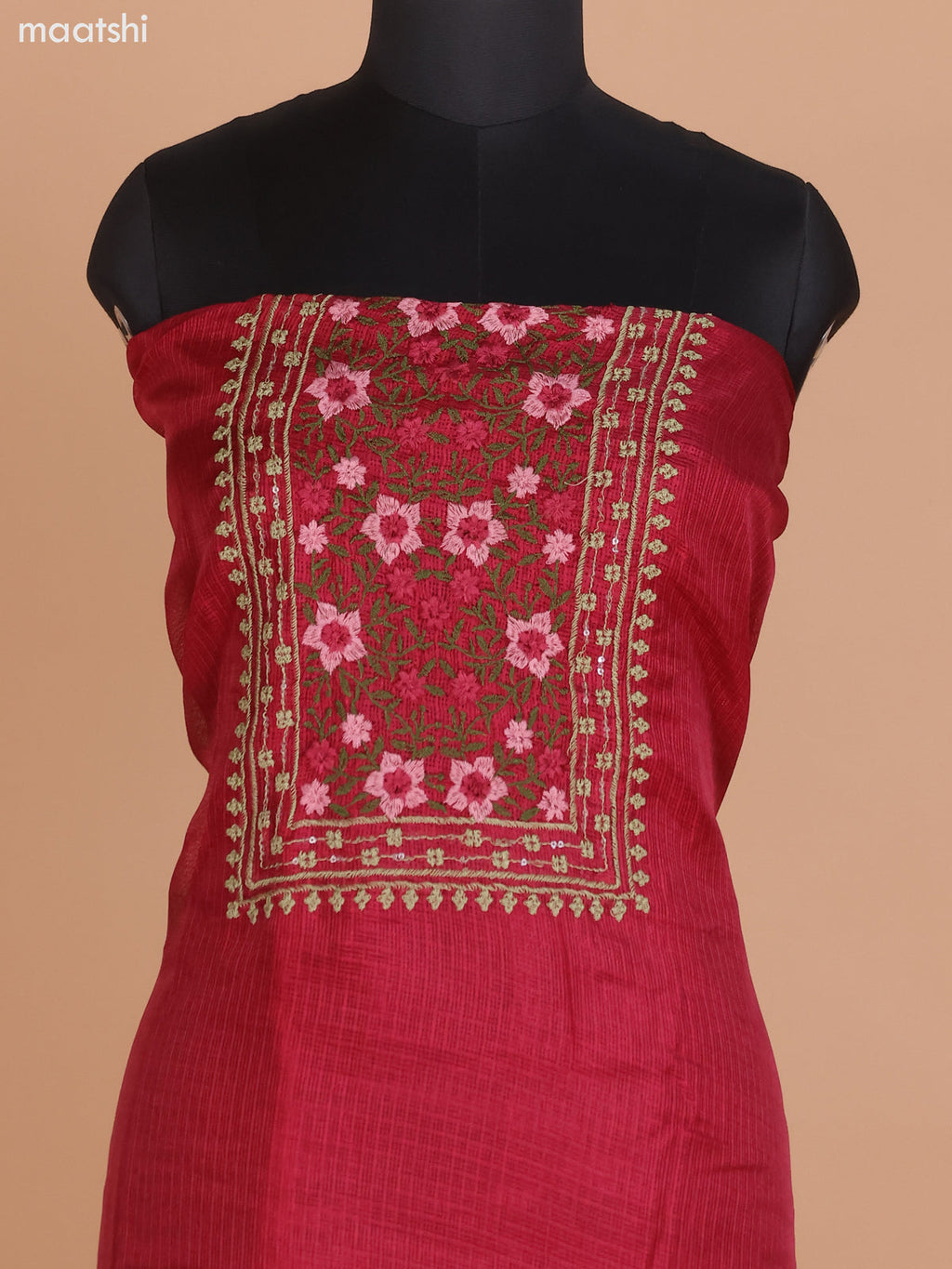 Maroon Kota Dress Material With Floral Embroidery Work Neck Pattern and Bottom & Dupatta