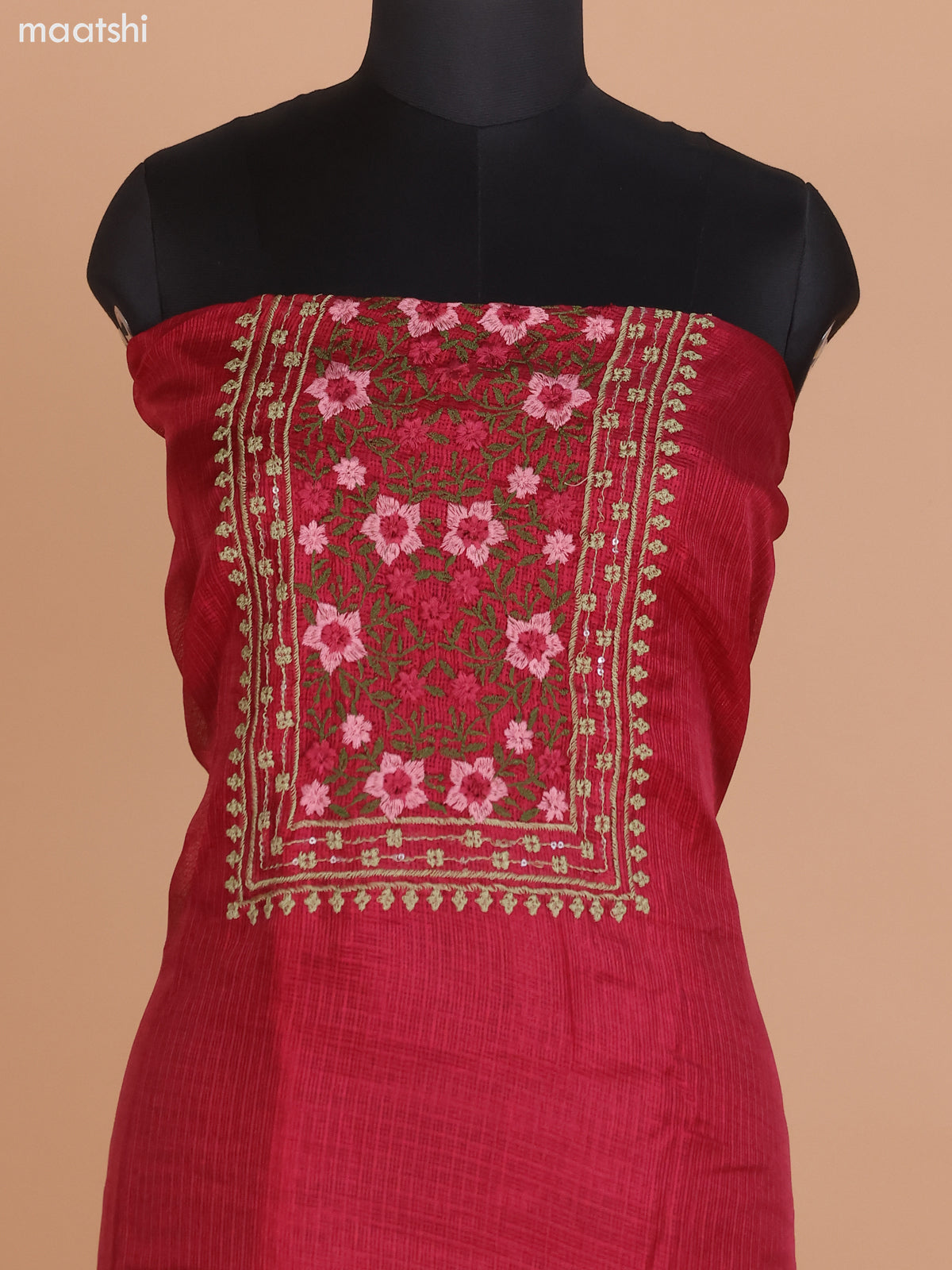 Maroon Kota Dress Material With Floral Embroidery Work Neck Pattern and Bottom & Dupatta