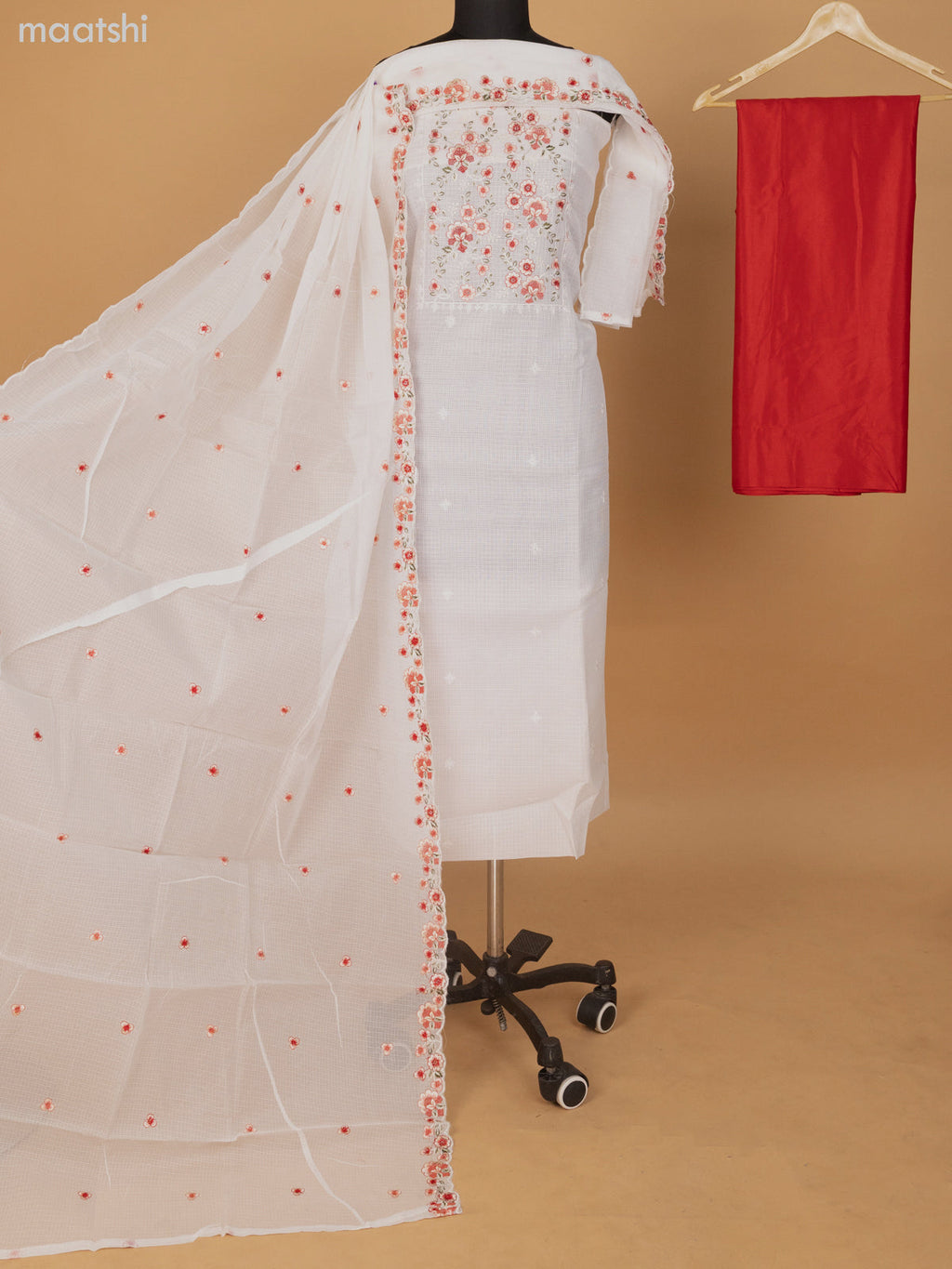 Off White and Red Kota Dress Material With Floral Embroidery Work Neck Pattern and Bottom & Dupatta