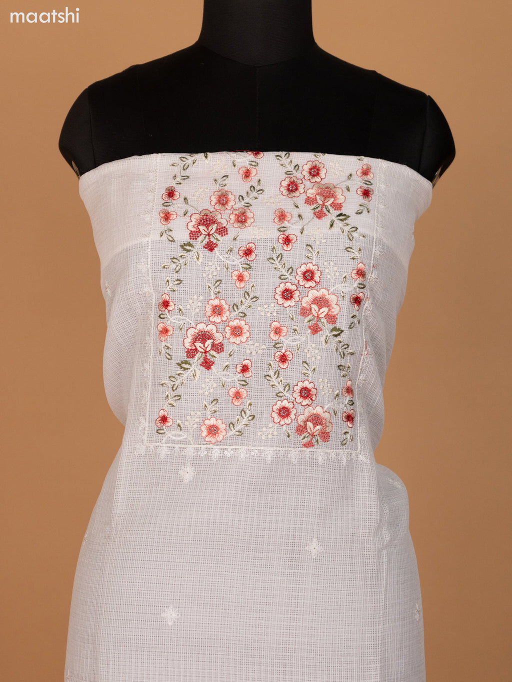 Off White and Red Kota Dress Material With Floral Embroidery Work Neck Pattern and Bottom & Dupatta