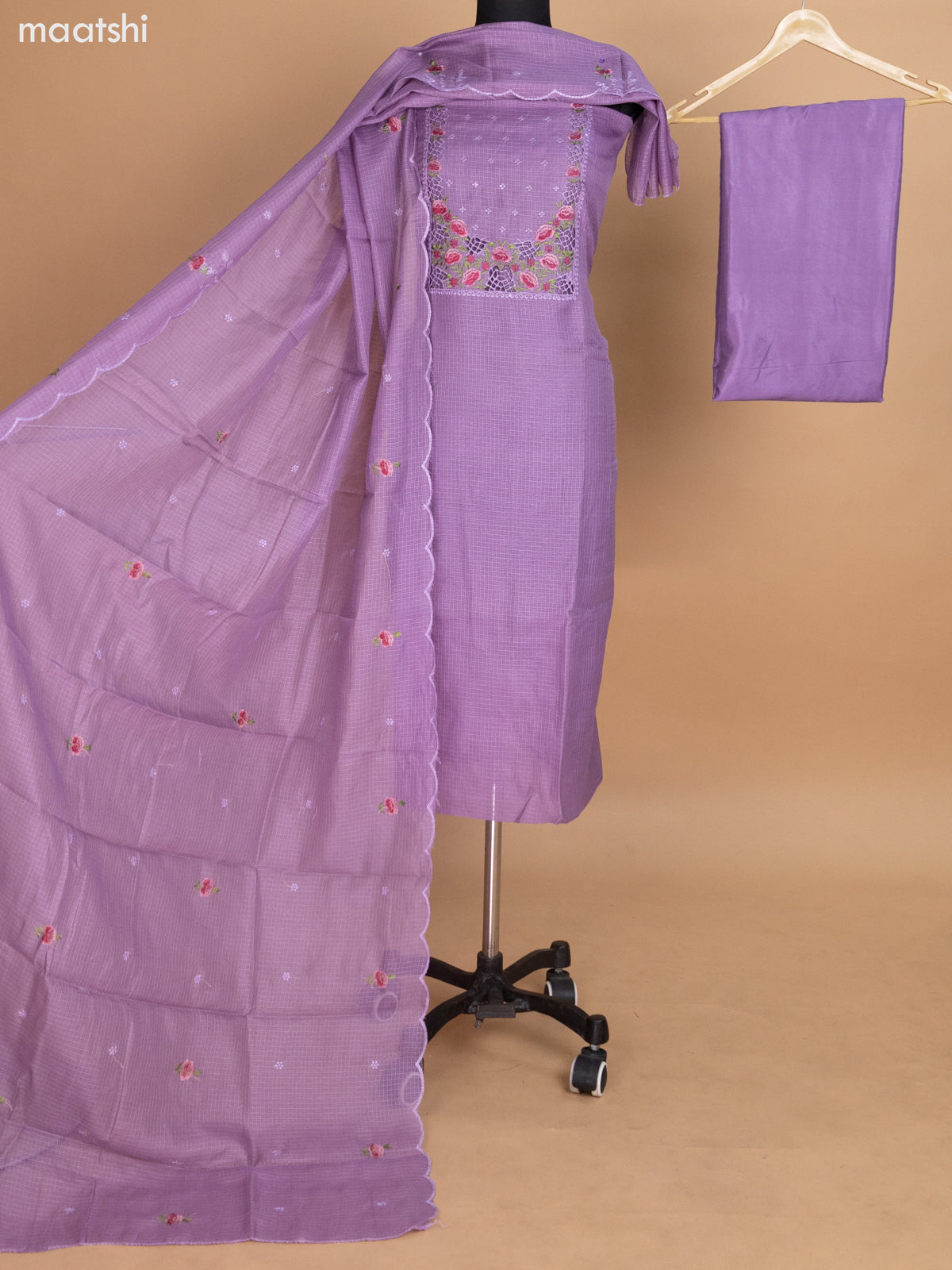 Lavender Kota Dress Material With Floral Embroidery Work Neck Pattern and Bottom & Dupatta