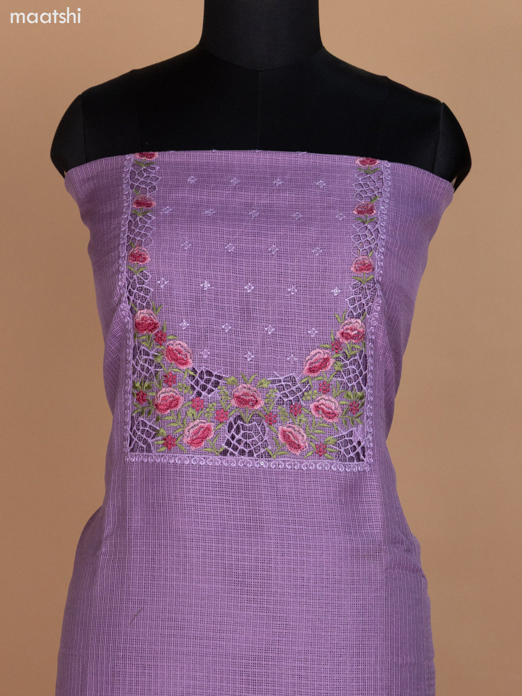 Lavender Kota Dress Material With Floral Embroidery Work Neck Pattern and Bottom & Dupatta