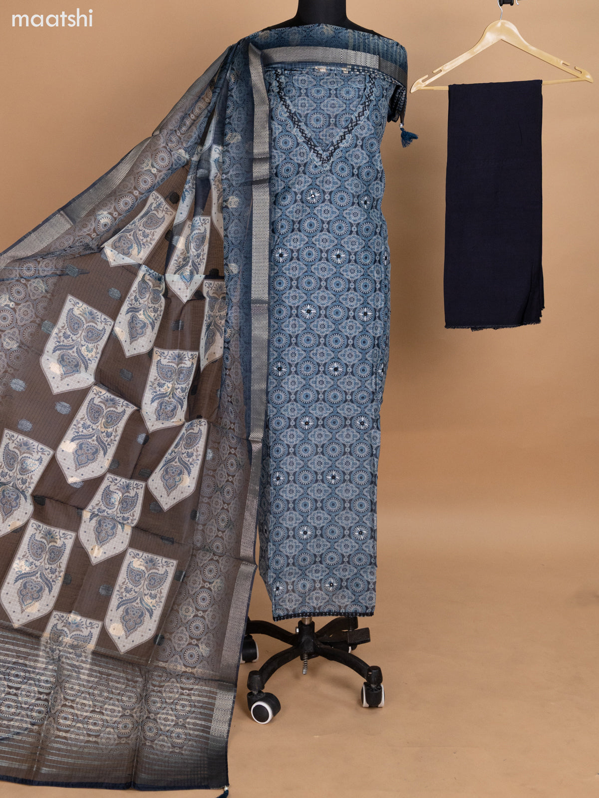 Black and Blue Shade Kota Dress Material With Ajrakh Prints and Bottom & Dupatta