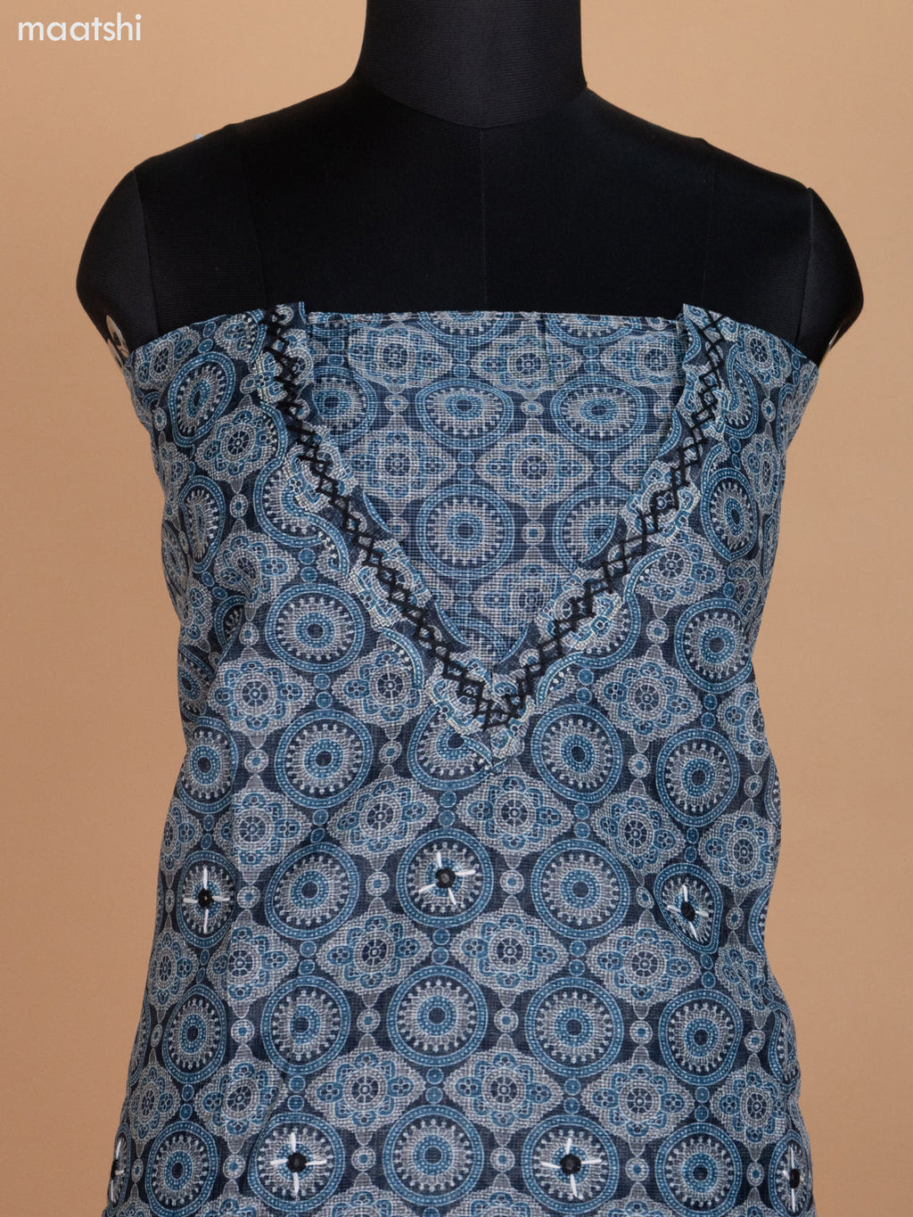 Black and Blue Shade Kota Dress Material With Ajrakh Prints and Bottom & Dupatta