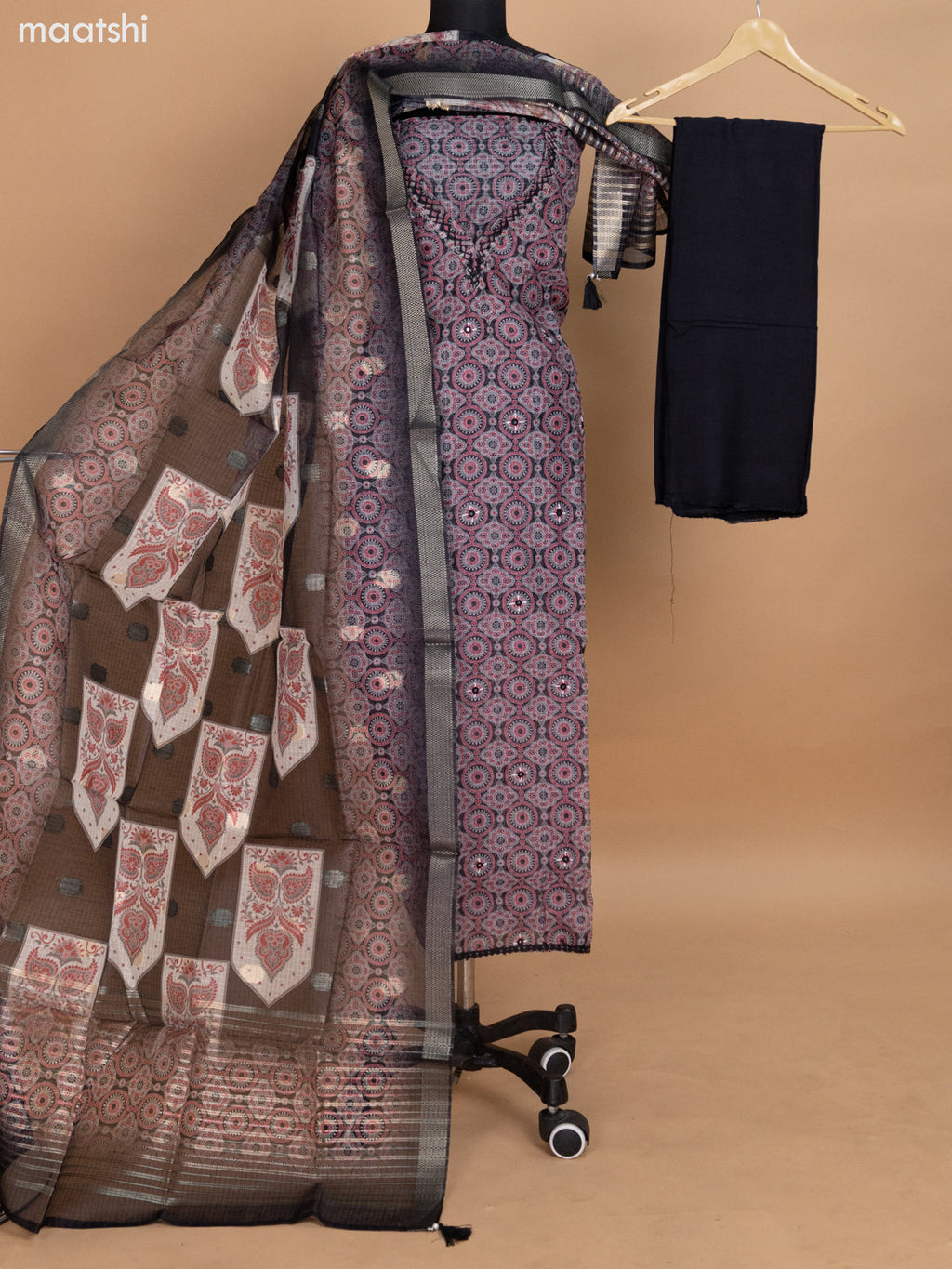 Black and Red Kota Dress Material With Ajrakh Prints and Bottom & Dupatta