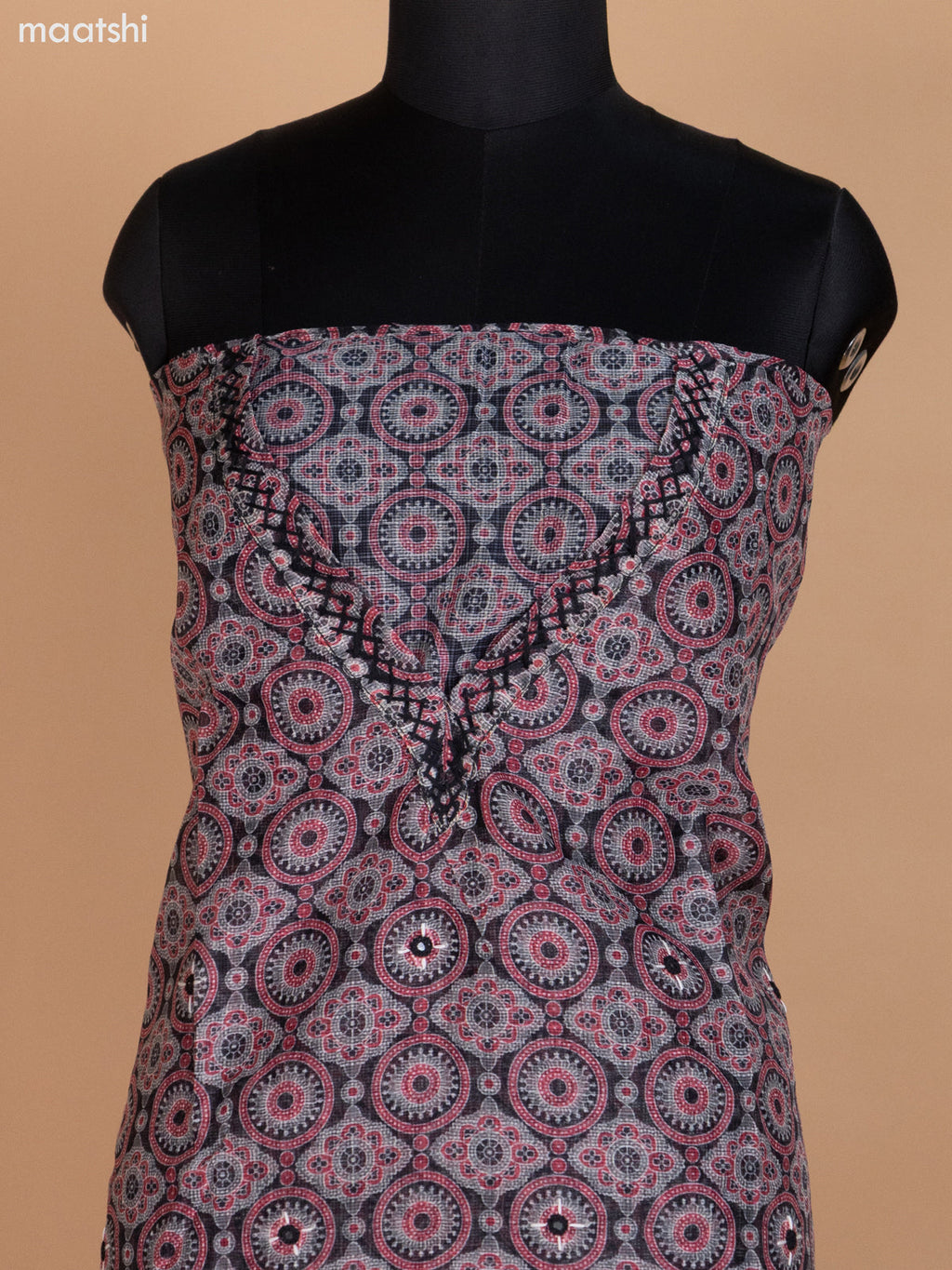 Black and Red Kota Dress Material With Ajrakh Prints and Bottom & Dupatta