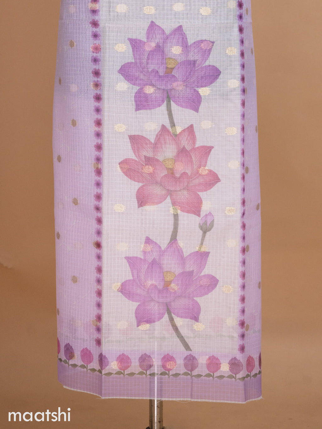 Cream and Lavender Kota Dress Material With Floral Prints & Zari Buttas and Bottom & Dupatta