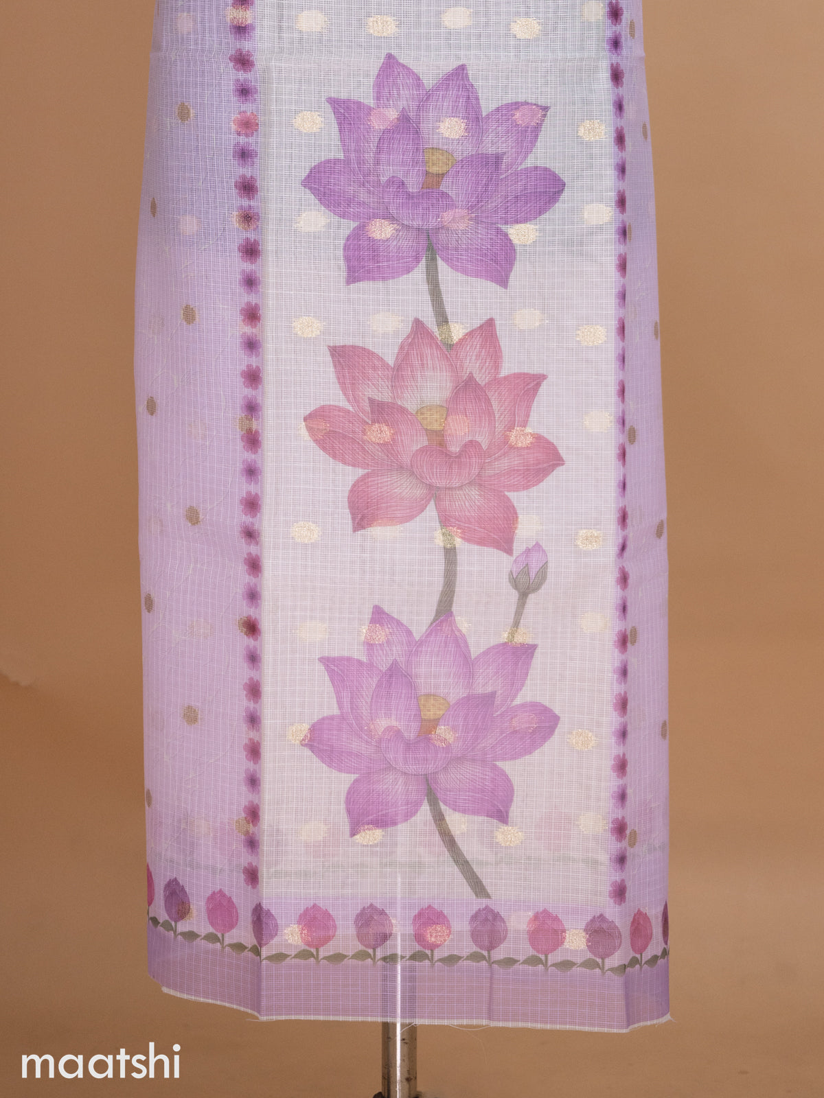 Cream and Lavender Kota Dress Material With Floral Prints & Zari Buttas and Bottom & Dupatta