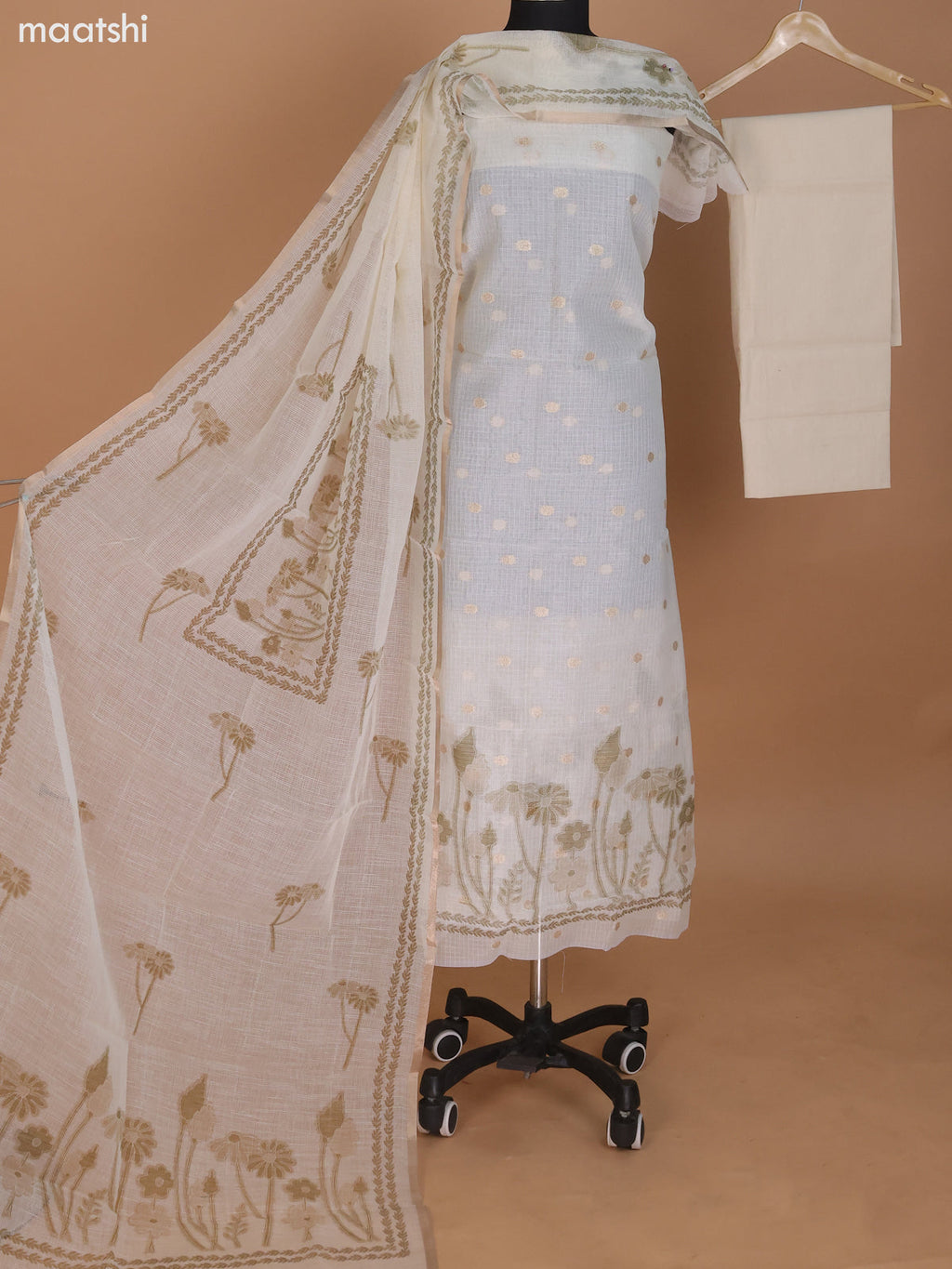 Cream and Sap Green Kota Dress Material With Floral Embroidery Work & Zari Buttas and Bottom & Dupatta